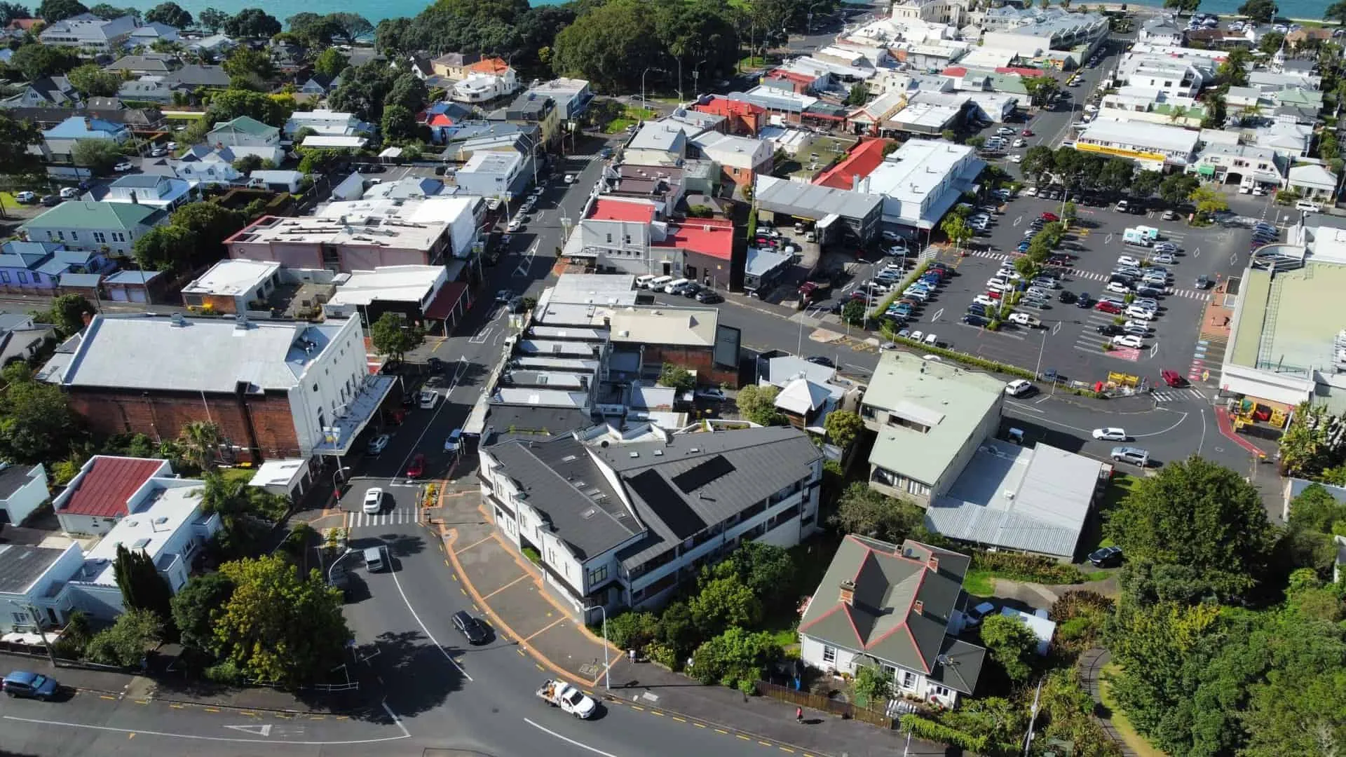 Aerial view of the Victoria Road shops in Devonport with rooftop solar