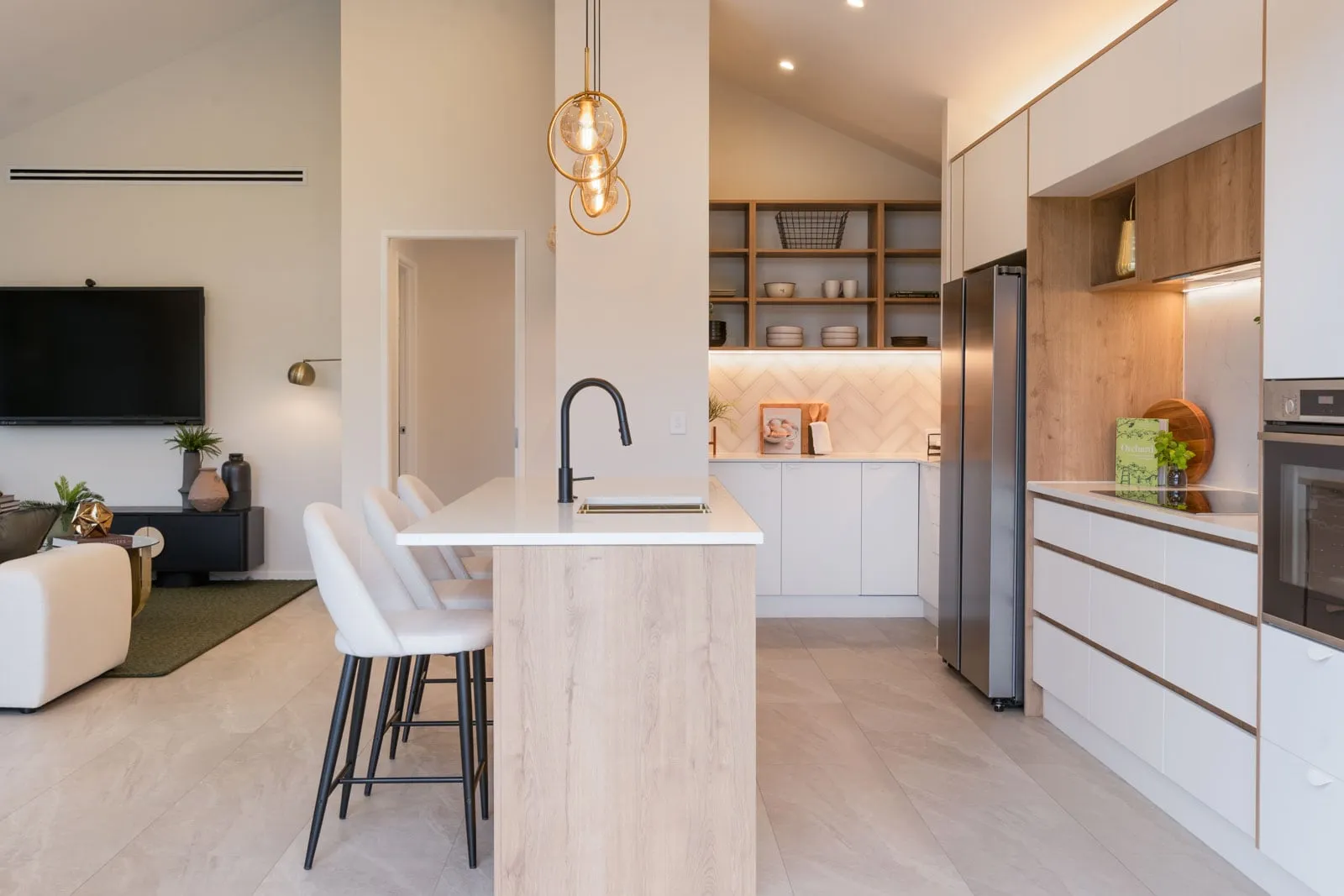 New build kitchen with pendant lights and under-cabinet LED strips